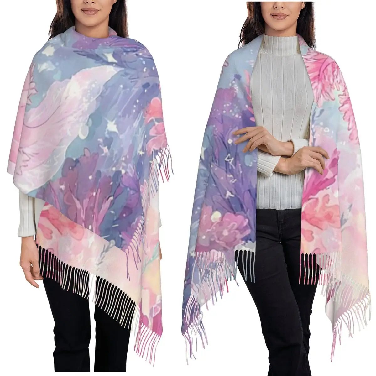 Cute Cartoon Axolotl In Coral Reef Scarf Tassel Scarves Women Soft Warm Shawls and Wraps Large Fall Winter Shawl Wrap