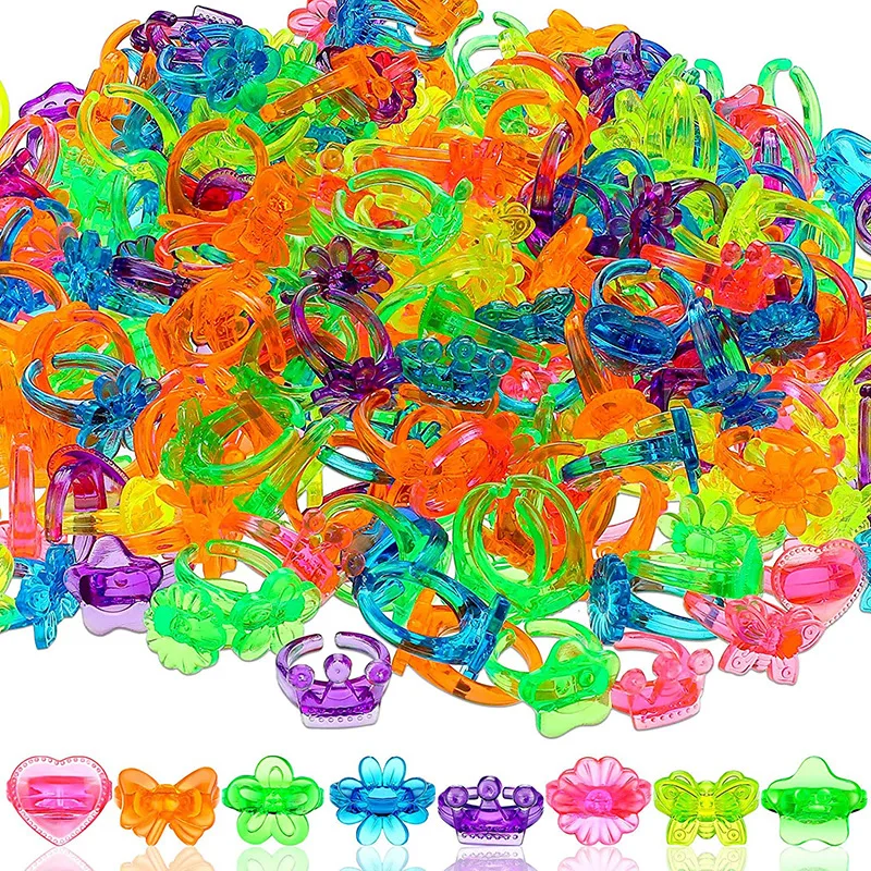 50pcs/lot Children's transparent Rings Colourful flowers Bow Shape Ring Set Mix Finger Jewellery Rings Kid Girls Toys