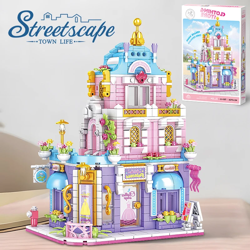 Klocki konstrukcyjne do budowania miasta, butik odzieżowy, zestaw do budowania domu, model domu, dekoracja na biurko, zabawki DIY dla dzieci, prezent na Boże Narodzenie, urodziny.