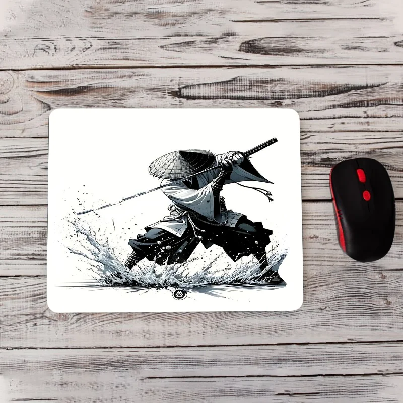 Black and White Samurai Mouse Pad Natural Rubber Anti-Slip Office Desk Mat Perfect Gift for Office Workers and Teens Boyfriend