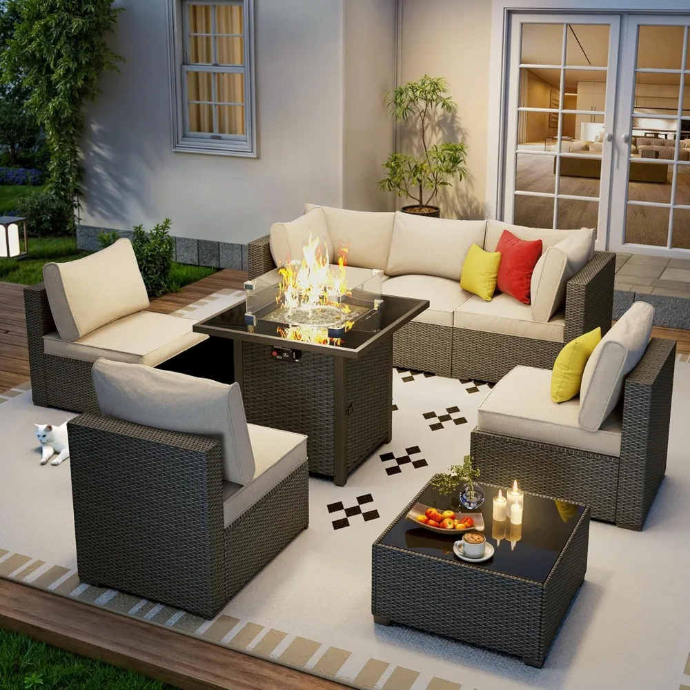 

Outdoor Patio Furniture Set with 28'' Fire Pit Table, 8 Pcs Outdoor Patio Furniture Conversation Sets with 4in Thicken Cushion,