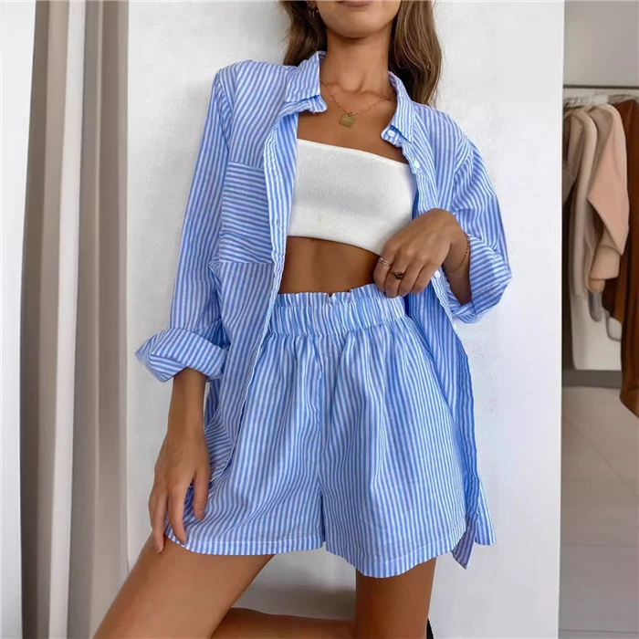 Faionable Casual Women's irt Blouse orts Set 2 Pieces Summer Season Long Sve  Collar Buttoning Wear