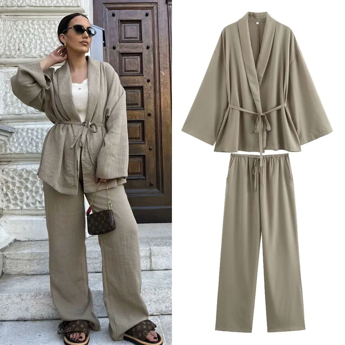 Solid Linen Women\'s Pants Suit Solid Khaki Lace-Up Long Sleeve Cardgian Blouse+ Elastic Waist Wide Leg Pants Streetwear