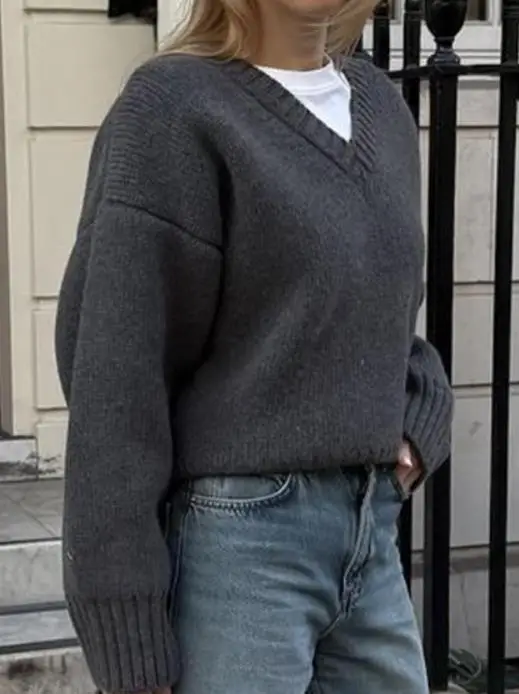 الخريف بلون الخامس الرقبة بسيطة فضفاضة محبوك سترة للنساء، عارضة ومريحة فضفاضة طويلة الأكمام محبوك سترة