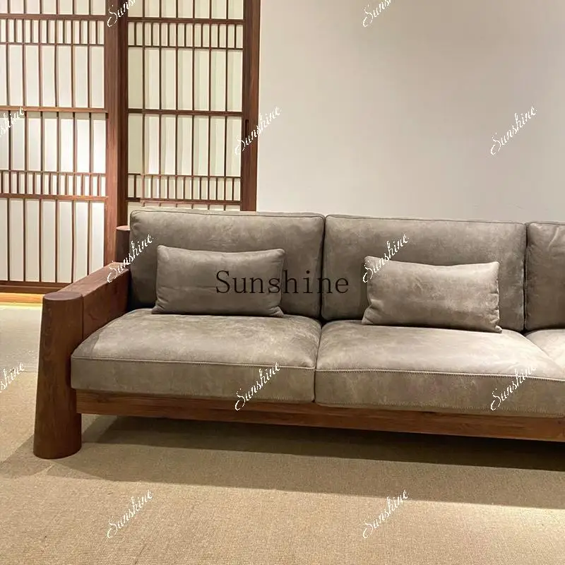 New Chinese straight row three-person black walnut home living room leather sofa small apartment  FT