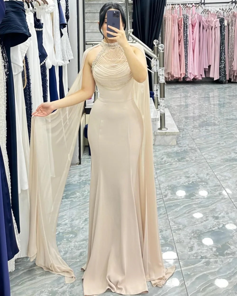 

Customized Elegant Women Jersey Beading Ruched Mermaid Evening Dresses Formal High Collar Sleeveless Floor Lenght Prom Dresses