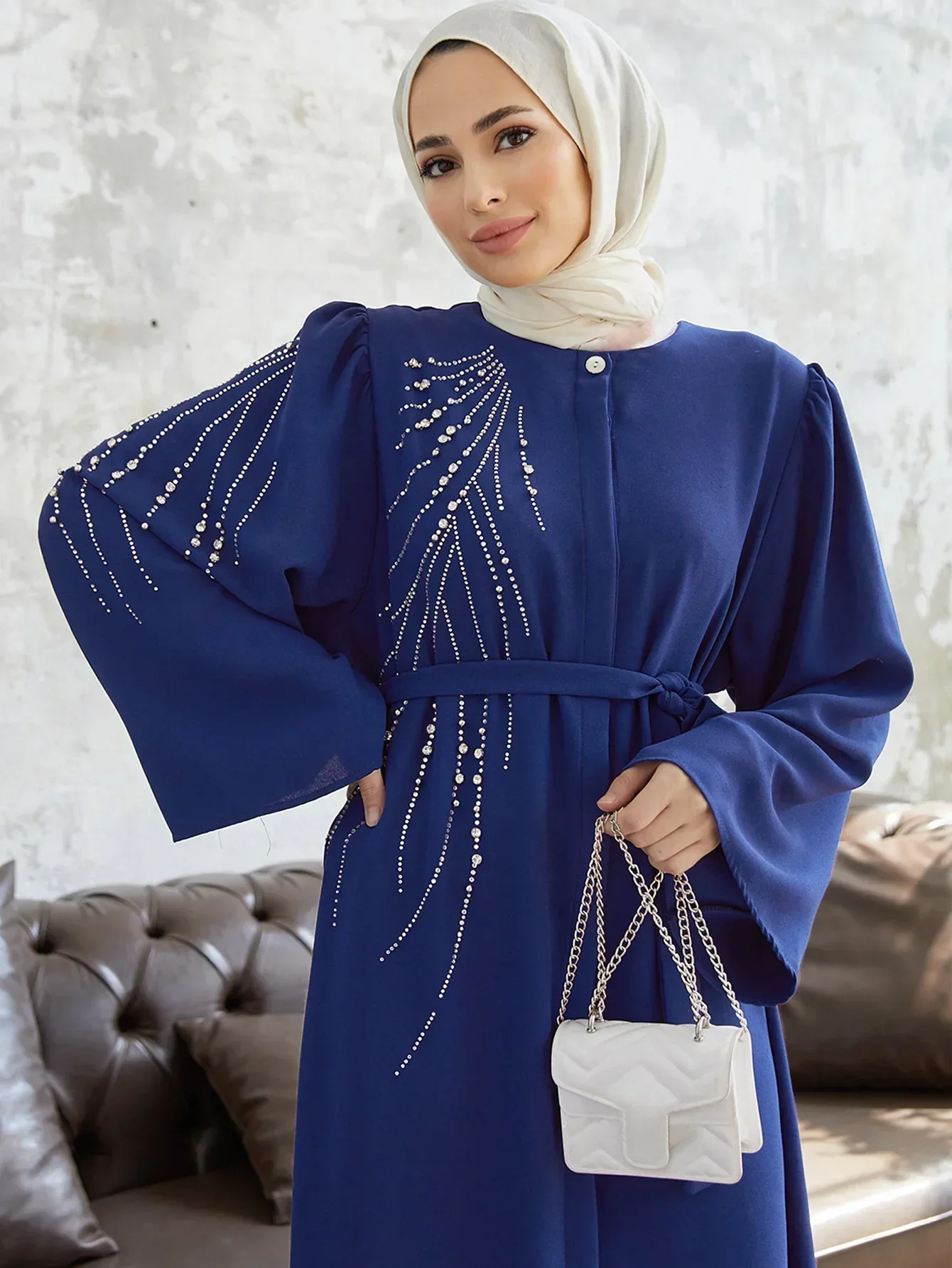 

Elegant Muslim Women Diamonds Abaya Maxi Dresses Turkey Dubai Kaftan Eid Party Gown Islam Arabic Robe Belt Caftan Jalabiya 2025