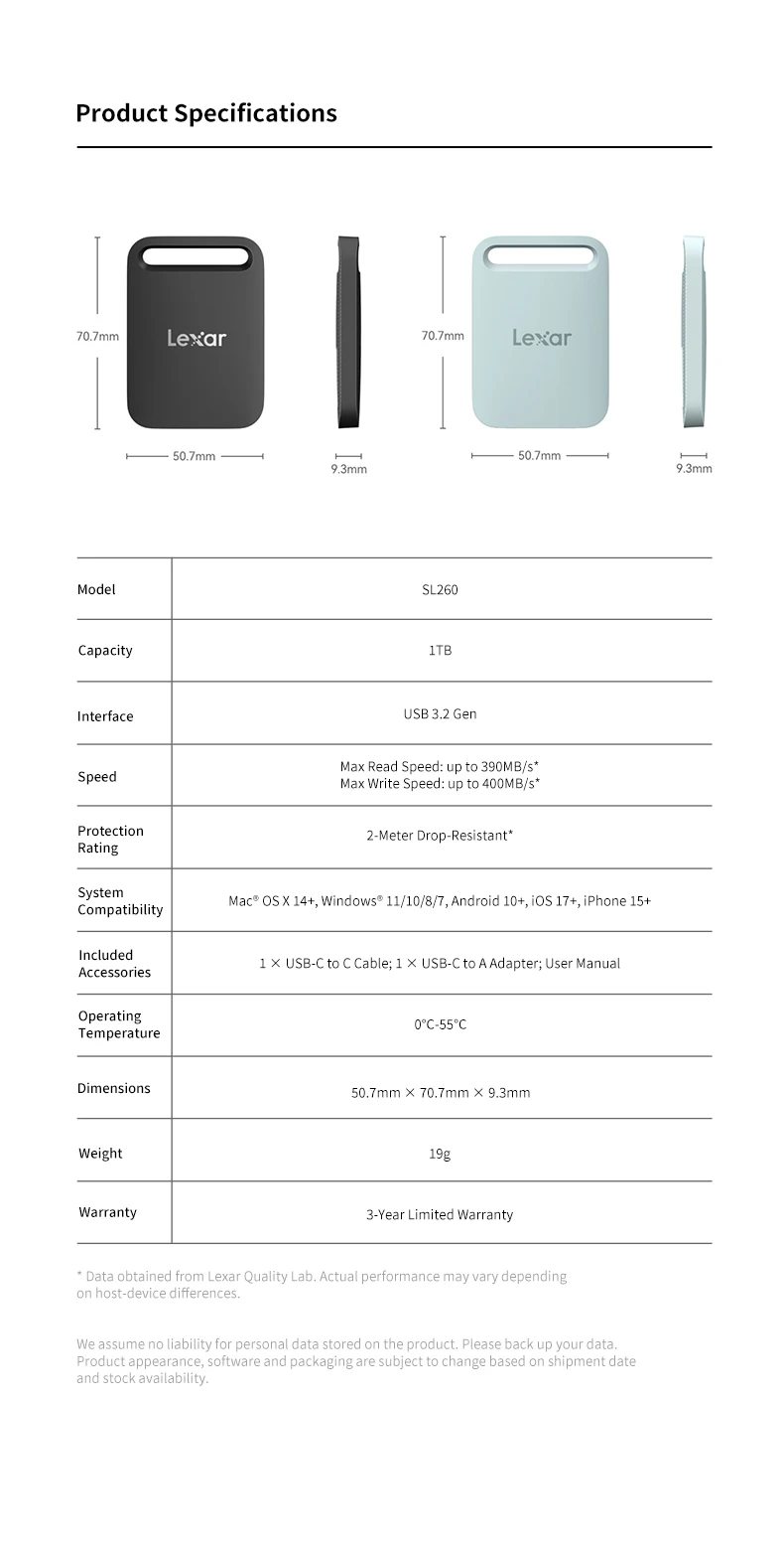 Original Lexar SL260 Air Tragbare SSD 512GB 1TB USB3.2 Gen1 Typ-C 400MB/s Ultraleicht Sturzsicher Für Handy Laptop Mac PC – Detail 18