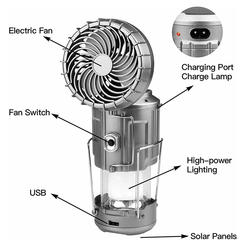 Solar Camping Lantern With Fan,Emergency Flashlight Charging For Phone,USB Rechargeable Portable Camping Fans Durable