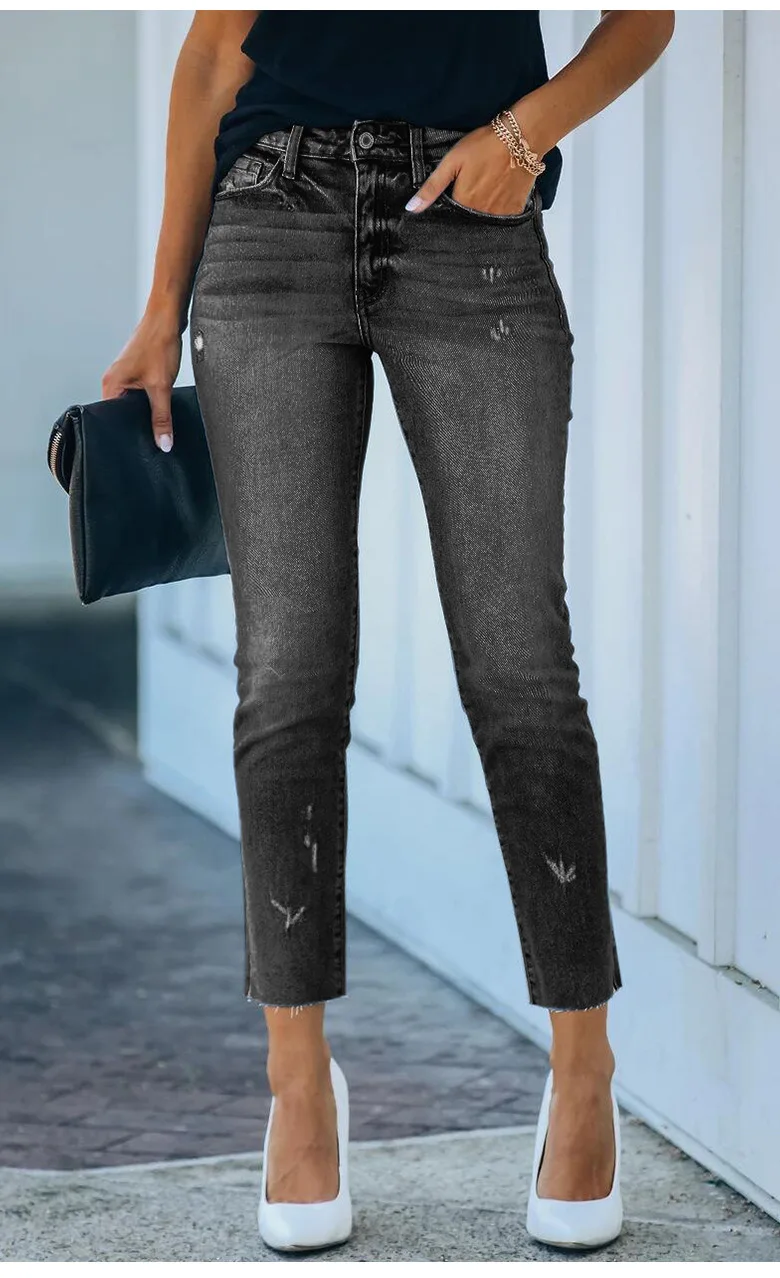 2023 Spring New Women\'s Mid-Waist Ripped Jeans Fashion High Elasticity Slit Ankle-Length Denim Straight Pants Female Clothing