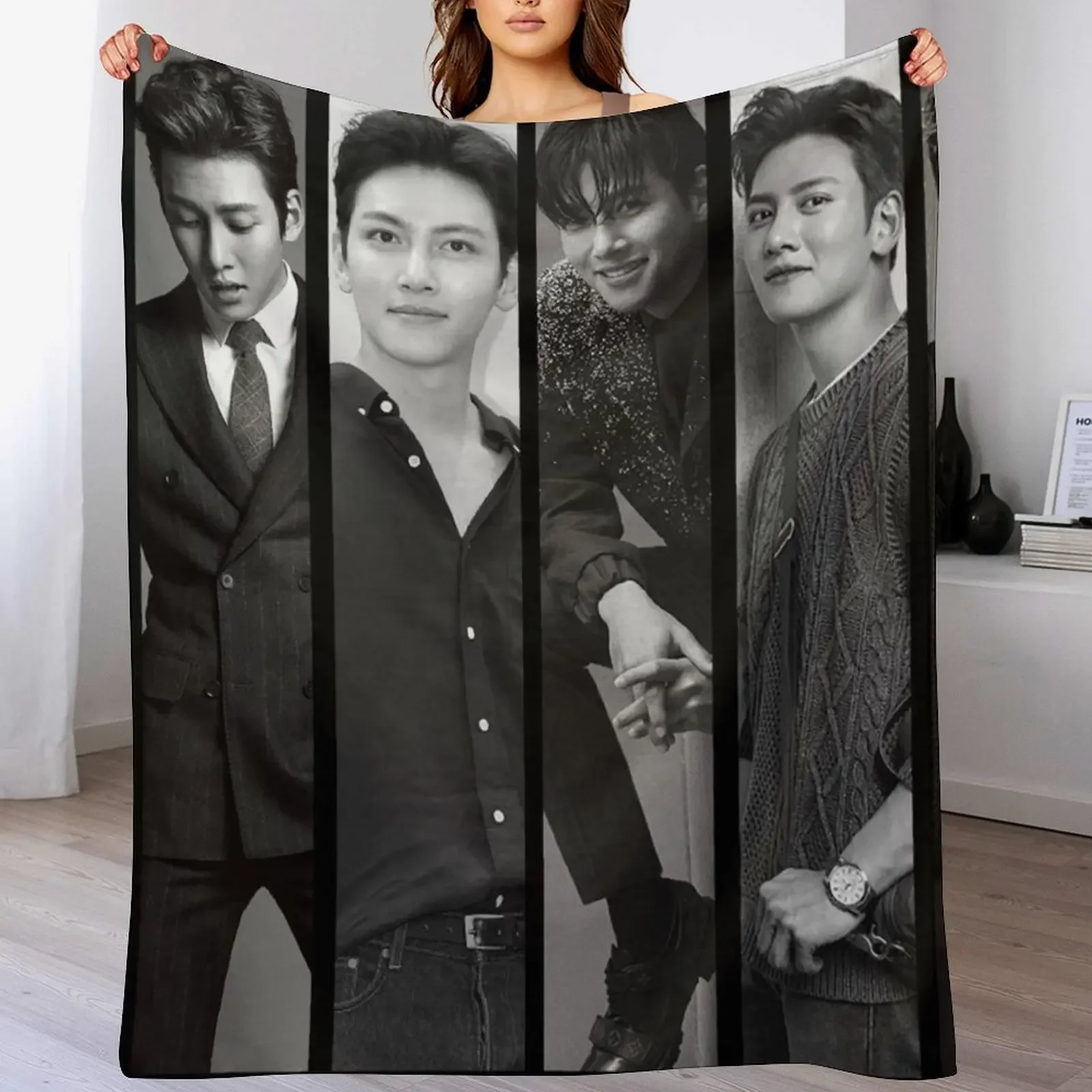 

Ji Chang Wook Vertical Black and White Collage Throw Blanket Softest Blankets For Bed Luxury Designer Cute Blankets