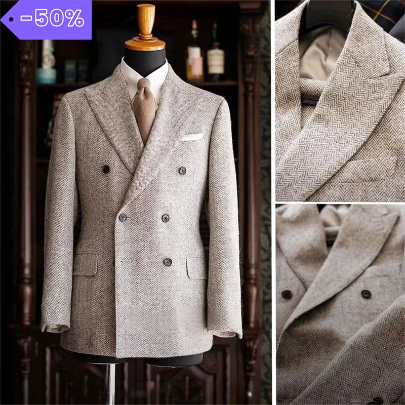 

Italian Retro Herringbone Business Jackets For Man Double-Breasted Male Blazer Peak Lapel Suit Jacket Luxury Men's Coat Winter