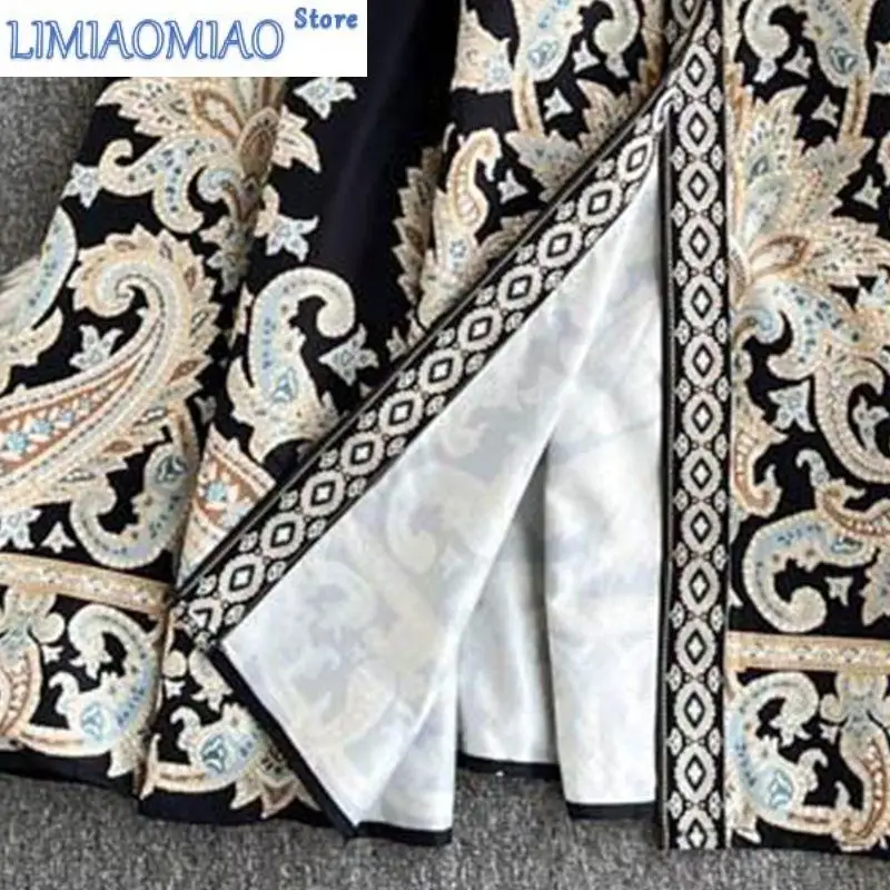 New Paisley Printing Vintage Turn-Down Collar Lantern Sleeve With Belt Women's Dress Korean Fashion Mid-Calf- Dresses For Women