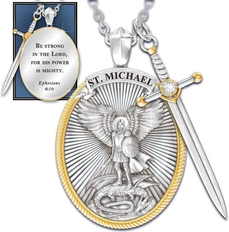 Collier pendentif en acier, motif catholique Viking Saint Michel, bijoux, épée divine, Protection du senhield, cadeau pour hommes et femmes