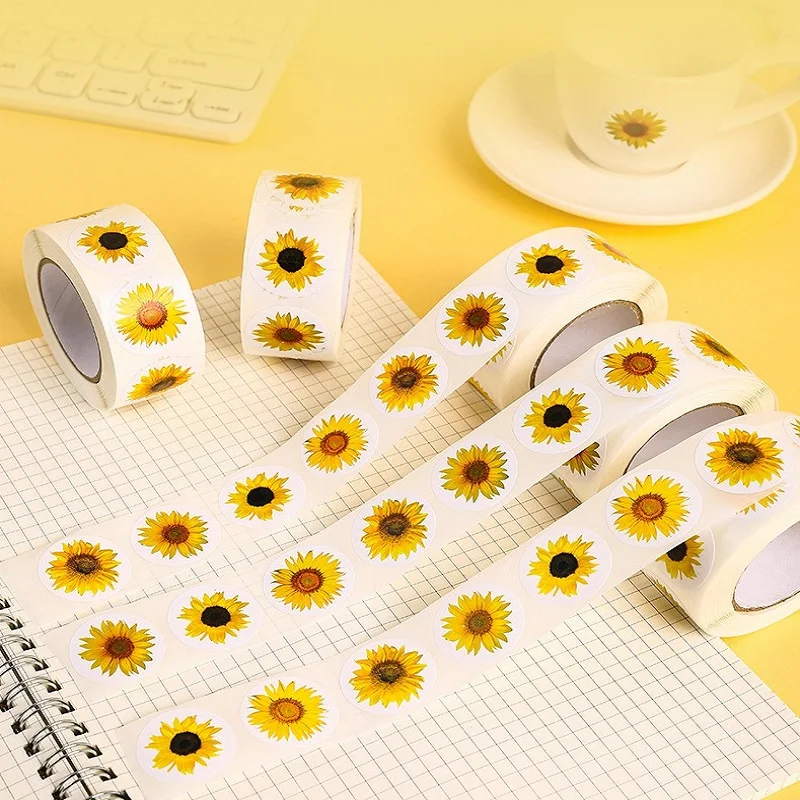 

100-500PCS Sunflowers Stickers Packaging Stickers Roll Home Made Small Lables for Kids Pack Rolling Stickers Photocard Decor