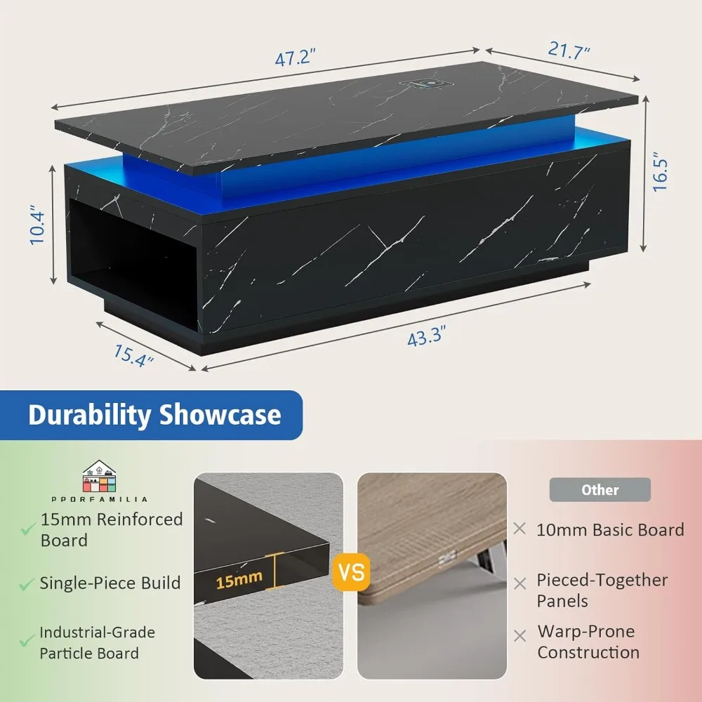 طاولة قهوة LED مع مساحة تخزين، طاولة قهوة سوداء مع شحن لاسلكي ومكبر صوت، 24 بوصة #6