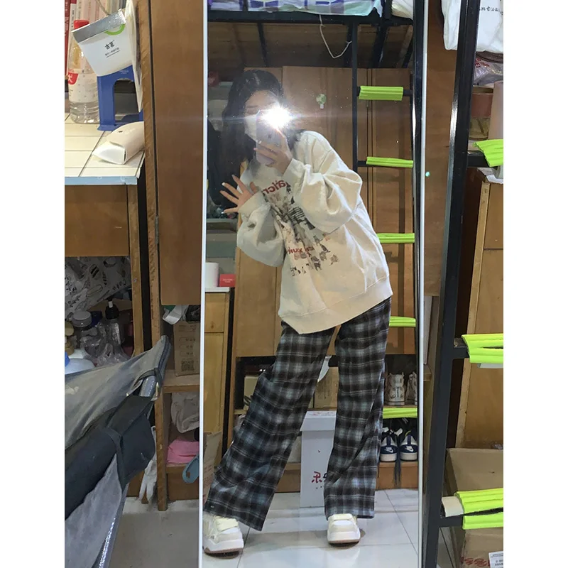 Women's Plaid Pants Fce Lined Loose Wide Leg Casual Versatile Slimming Small Stature Sweatpants High Waist Commute Sle
