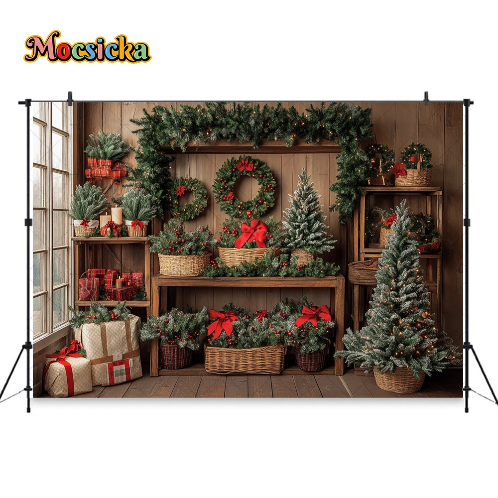 모시카 크리스마스 트리 방 배경 사진, 녹색 크리스마스 화환, 나무 선물 부스 배경, 어린이 가족 사진 스튜디오 소품