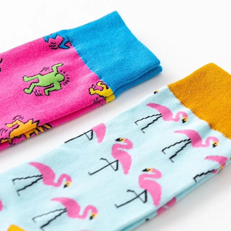 1Pair 35-44 Men Casual Cotton Sock Harajuku Cartoon Flamingo Loving Heart Cute Funny Character Japanese Socks