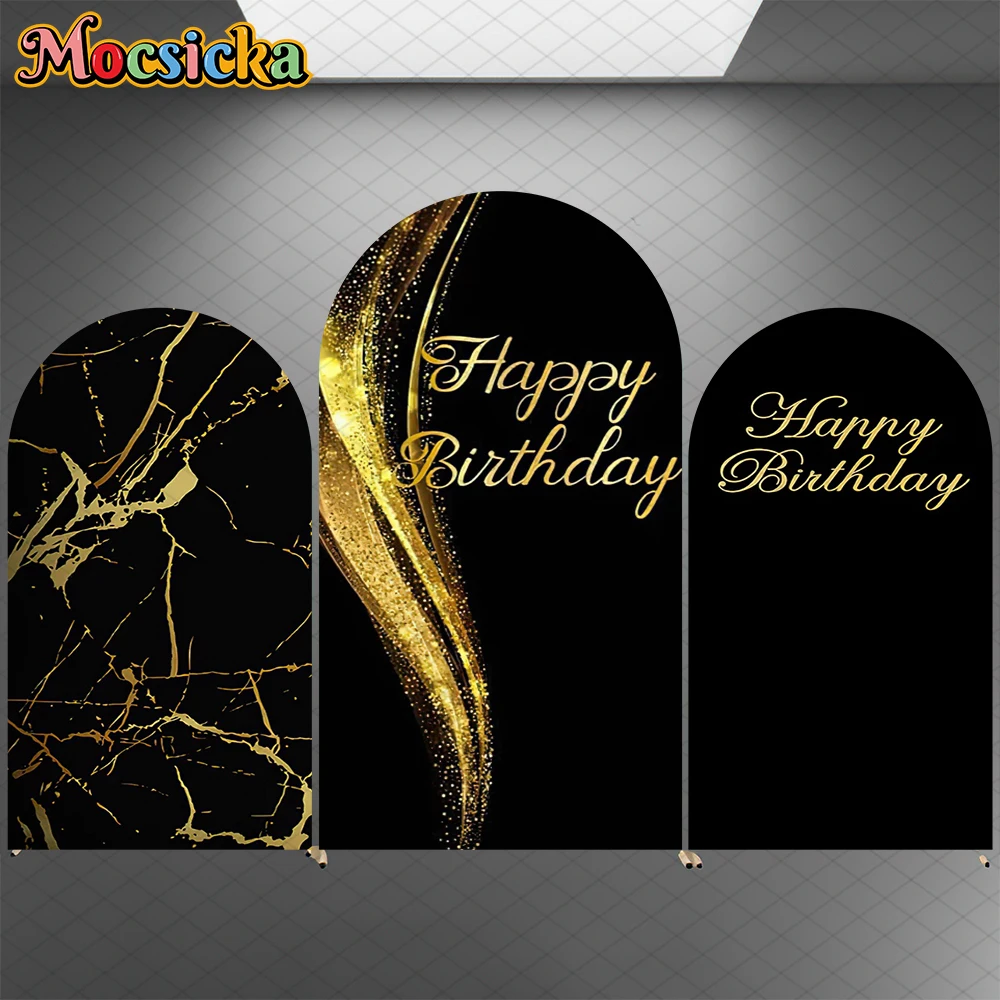 Mocsicka Black Gold Arch Backdrop Covers Baby Shower Happy Birthday Photo Arched Background Soft Fabric Double-Sided Party Decor