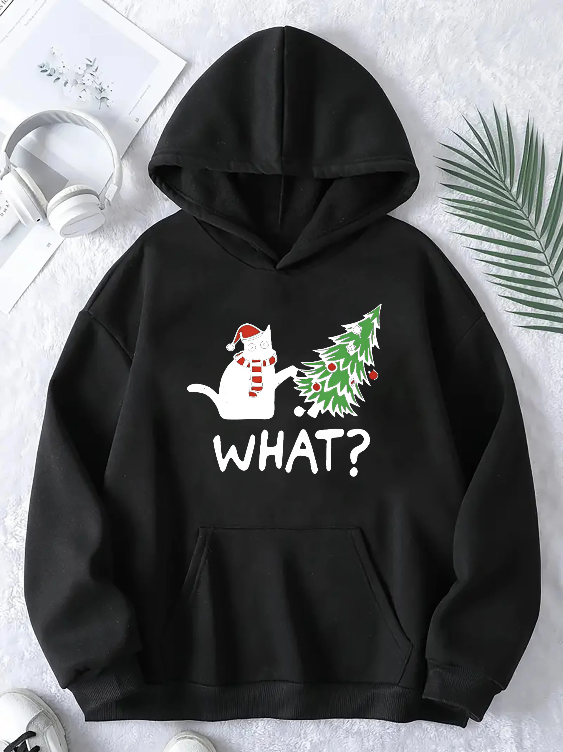 2025 Dames feestelijke kerstkat print hoodie dames sweatshirt casual lange mouw herfst en winter warme hoodie