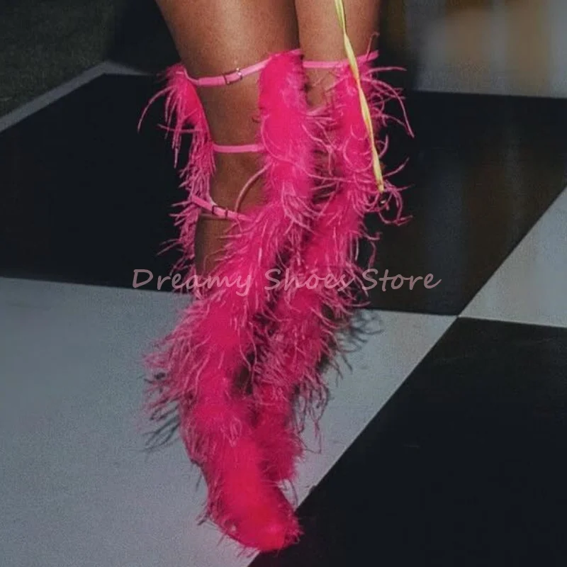 

Black Faux Fur Hollow Multi Thigh Strap Sandals Boots Women Peep Toe Round Toe Knee High Boots Sexy Punk Club Gladiator Shoes