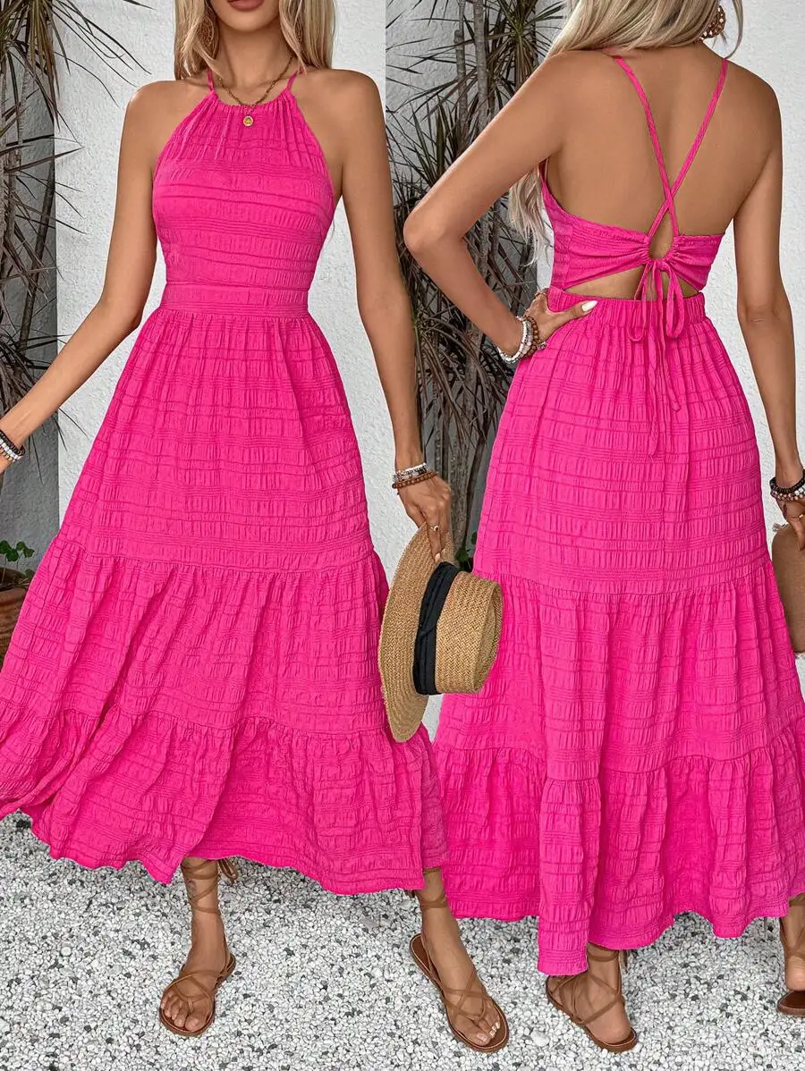 

Women's Pink Halter Neck Tie-Back Ruched Maxi Dress for Beach Vacation