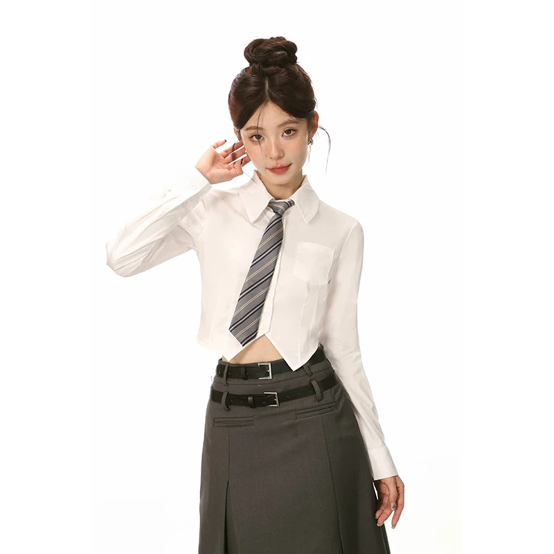 

Long Sleeve Crop White Shirt Women Korean Fashion Button Up Blouse Streetwear Turn Down Collar Slim Top Y2K