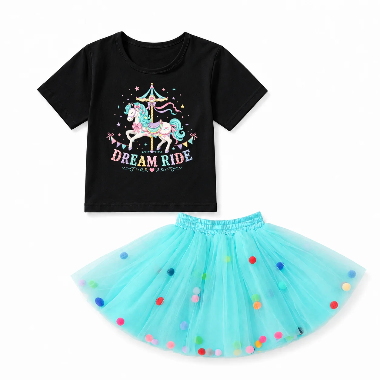Toddler Girls 2Pcs Outfit Dream Ride Carousel Unicorn Print Short Sleeve T-Shirt Color Pom Pom Tulle Tutu Skirt Kids Birthday Pa