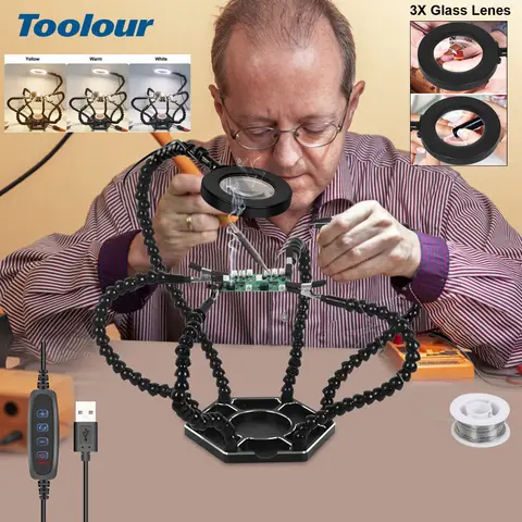 Toolour 납땜 돕는 손 납땜 3X LED 돋보기가 있는 세 번째 손 용접 수리를 위한 6개의 유연한 암 알루미늄 베이스