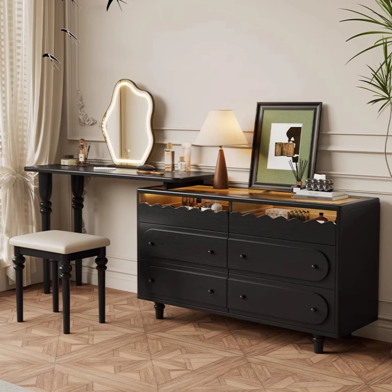 

Drawers Lights Vanity Tables Storage Mirror Chair Unique Bedroom Cabinet Makeup Desk Drawers Black Coiffeuse Furniture Home
