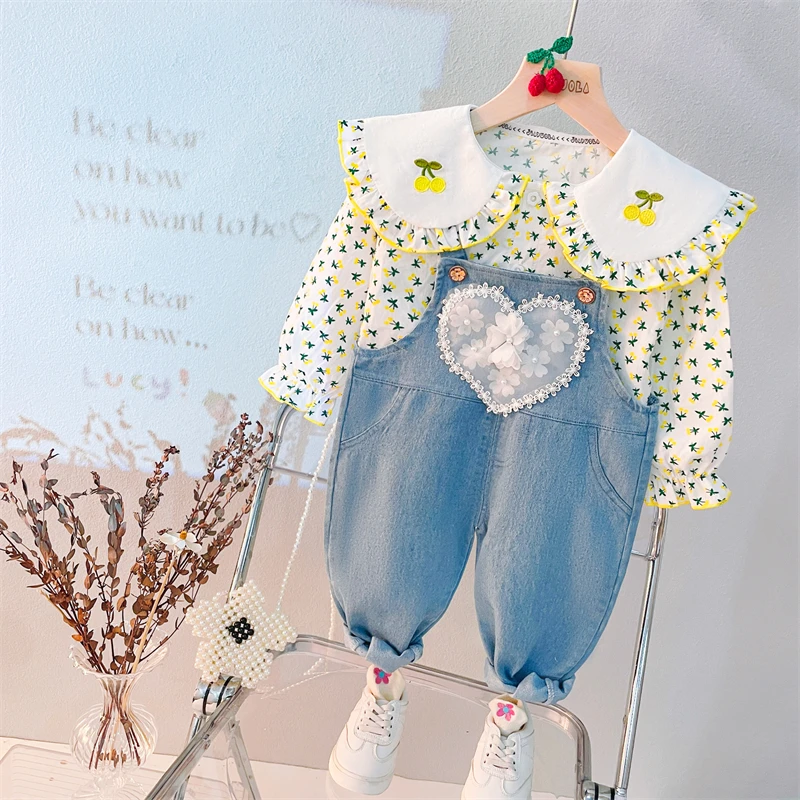 Baby Girls Floral Shirt Lace Love Denim Overalls 2 Pcs Suit Autumn Kids Clothing Sets Infant Clothes Outfits Children Tracksuit