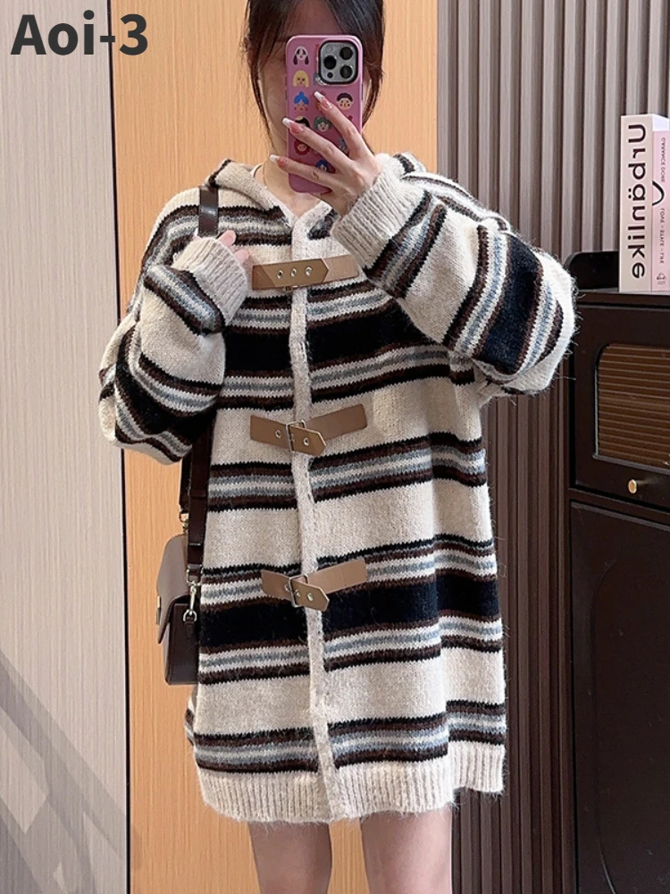 

Korean Loose Mid-Length Knitted Cardigan Women 2023 Autumn Winter New Hooded Striped Mohair Sweaters Casual Single-Breasted Coat