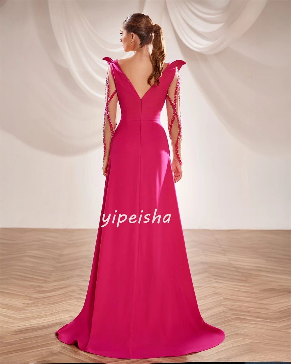 Personalizado de alta qualidade brilho jérsei beading plissado em linha reta colher pescoço vestidos longos sob medida vestidos de ocasião tamanhos disponíveis