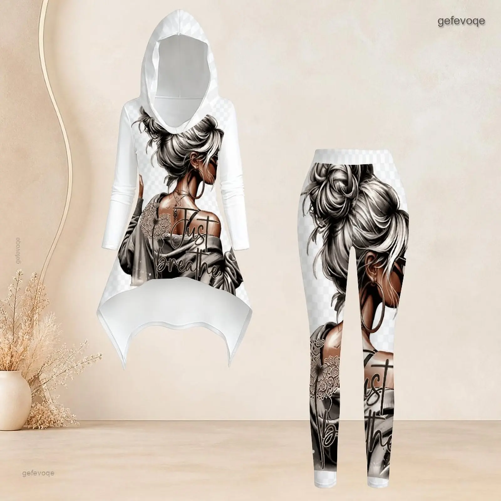 Fashion Women Casual 2 Piece Set Hooded Long Sleeve Hi Lo Asymmetrical Tunic Top Matching High Waist Slim Leggings T Daily Suit - view 6
