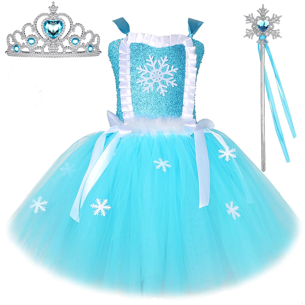 Skyblue Elsa Princess Dresses Girls Snow Queen Christmas Costumes Kids New Years Fancy Outfit Snowflakes Xmas Tutus with Crown