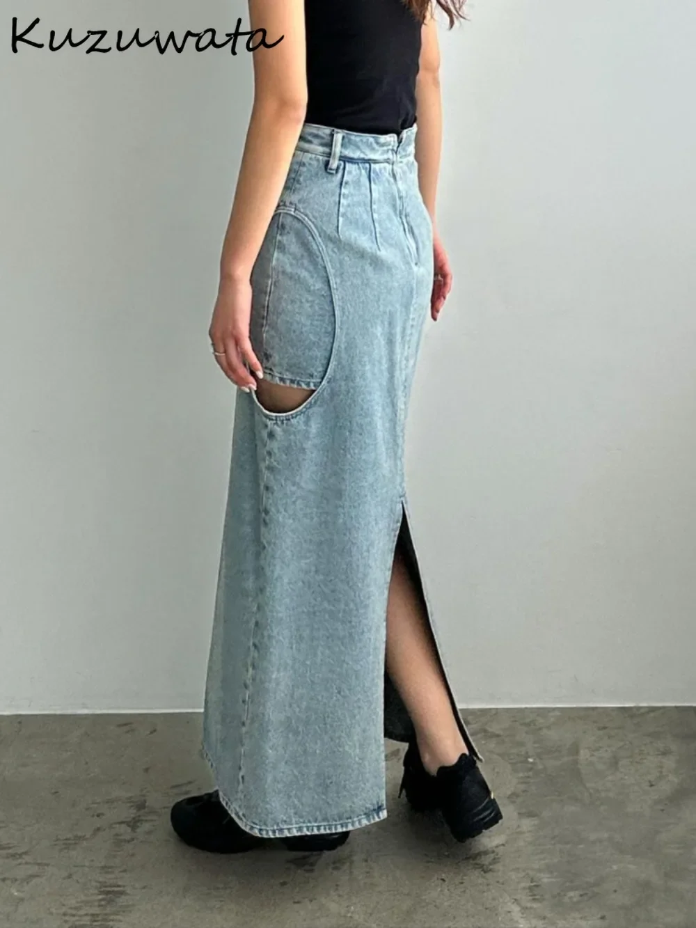 Kuzuwata Vintage High Waist A-line Casual Skirt Slim Fit Mid-length Elegant Cowboy Faldas Japan New Fake Two Pieces Mujer Faldas