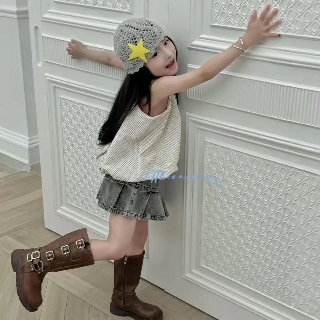 Girls' 2026 New Summer Children's Korean Version Trendy Striped Hanging Neck Flower Bud Sleeveless Baby Girl Denim Pleated Skirt