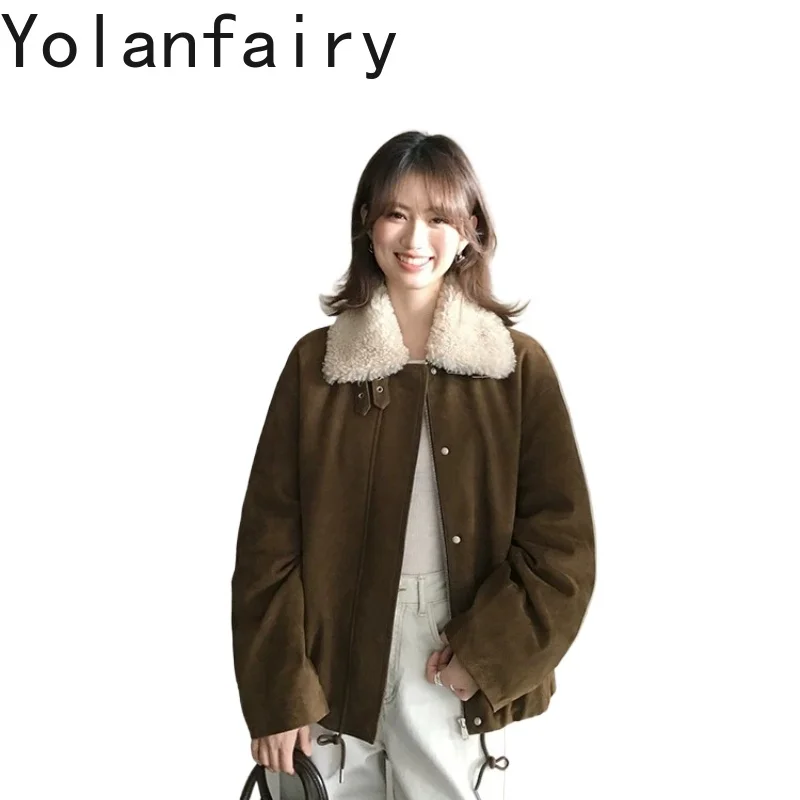 

YOLANFAIRY Genuine Suede Goatskin Leather Jacket Women 2026 Winter 90% White Goose Down Coat Wool Collar Fashion Leather Coats