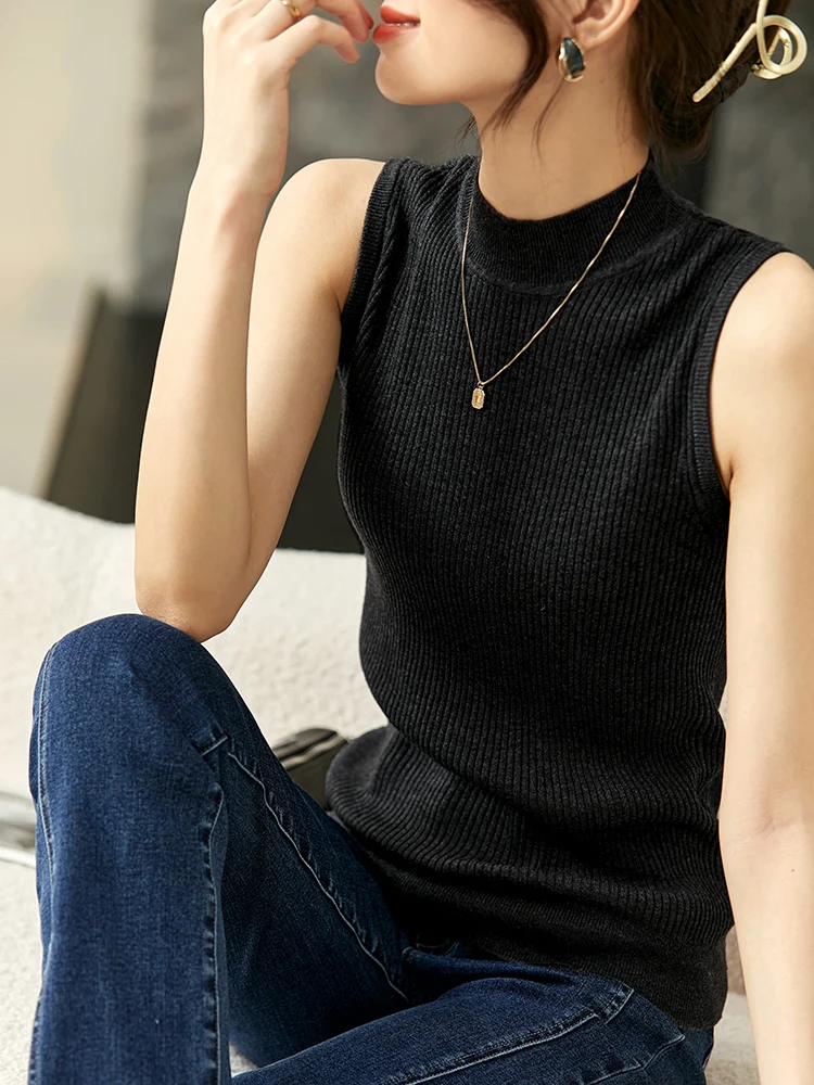 SENTUBILA Slim Fit Sleeveless Rib Knit Tops for Women Mock Neck Pullovers 2024 Spring Fashion Tops Female Knitwear W23H44664