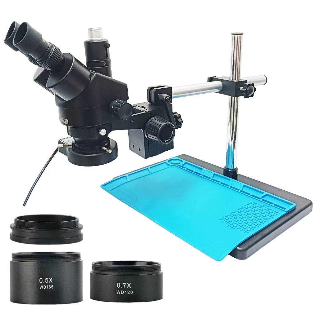 7X-45X Dual Arm Support Adjustable Zoom Simul-Focal Trinocular Stereo Microscope With 0.7X 0.5X 2X Objective Lens Soldering