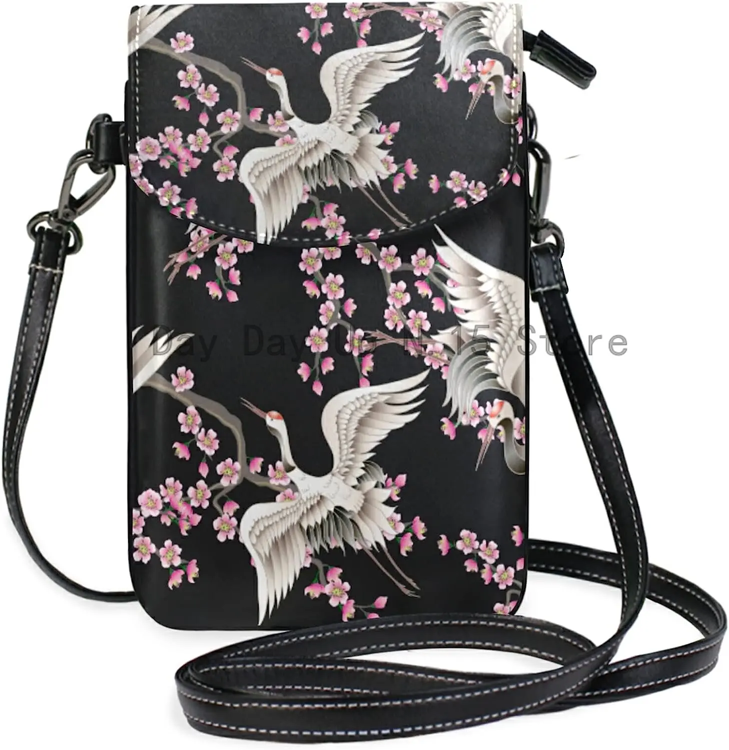 Flores de cerejeira rosa e guindastes brancos Bolsa de telefone crossbody, pequena mini bolsa de ombro, carteira de couro, melhor presente