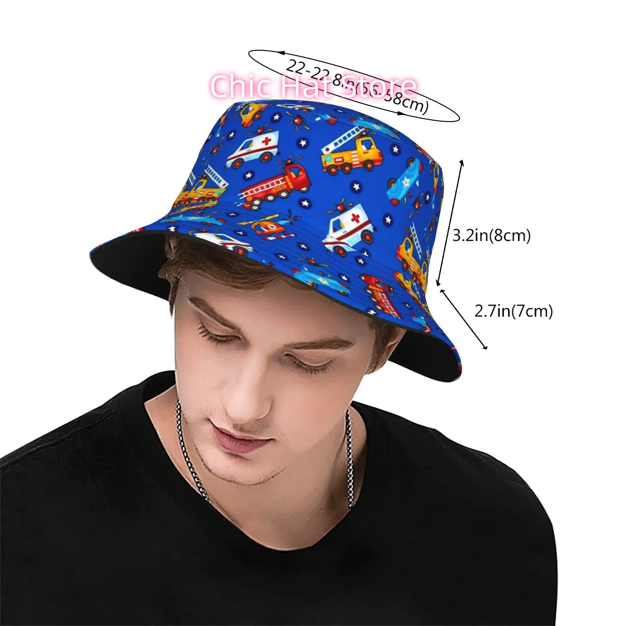 1pc  emergency vehicle  Fully printed fisherman hat, unisex outdoor sun hat, sun hats, fashionable bucket hats, is the perfect
