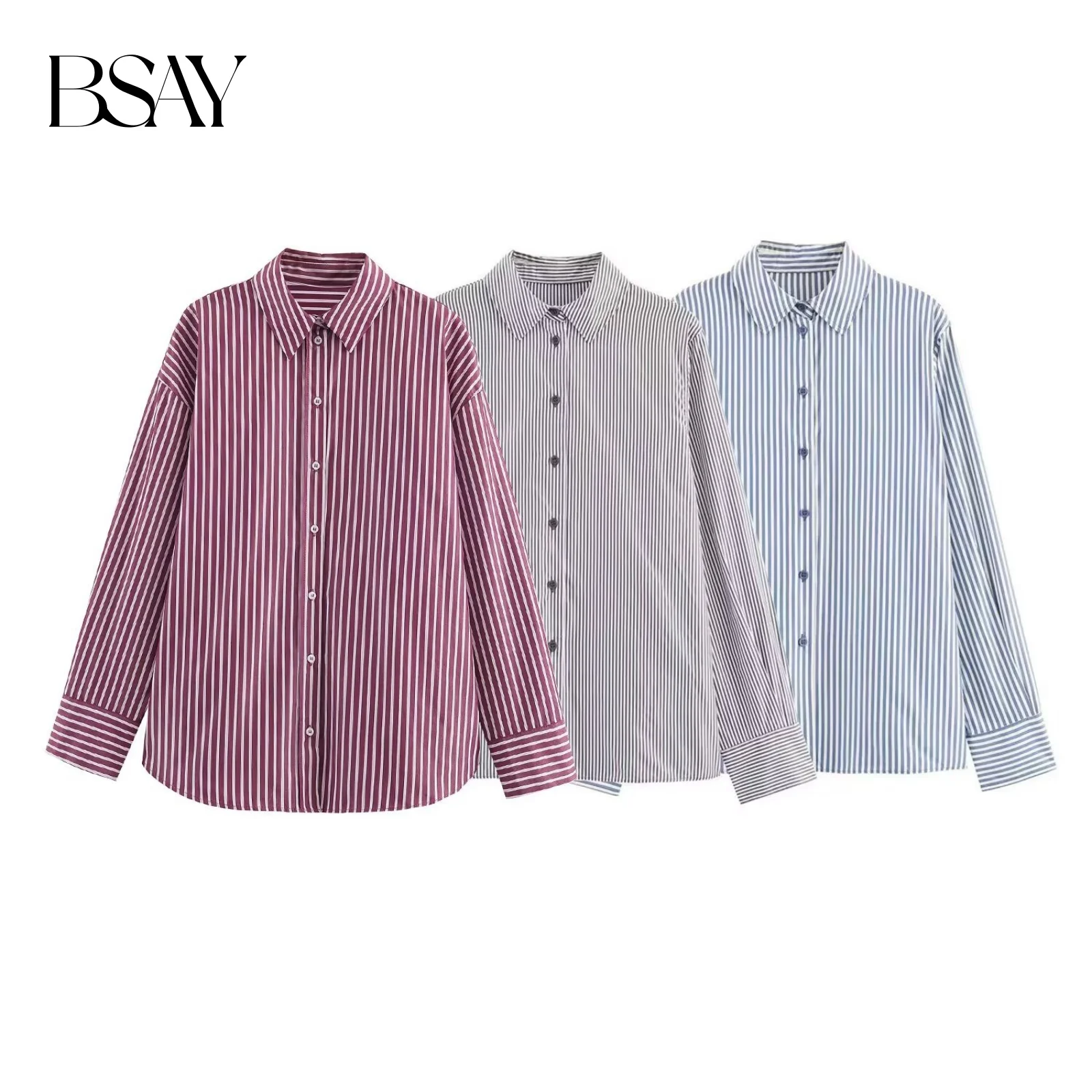 

BSAY autumn new women's clothing 2025 commuting casual loose single breasted lapel long sleeved striped drape shirt