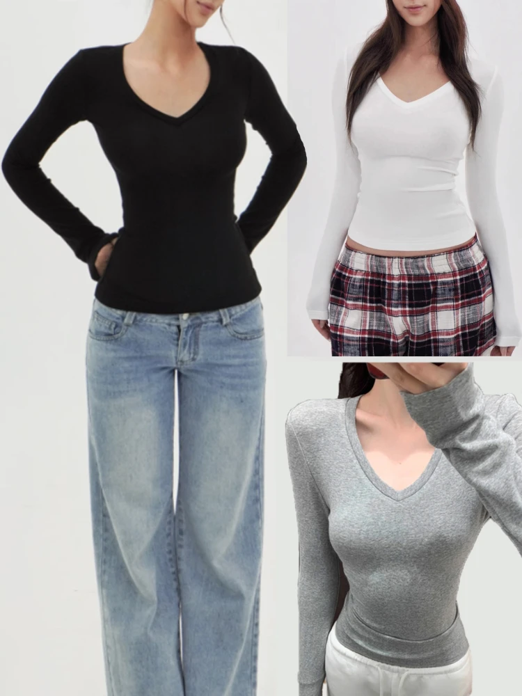 

American Style Hot Girl V-neck Long Sleeve T-shirt Modal Skin-friendly Tight Base Shirt Commute Style Spring Season Regular L...