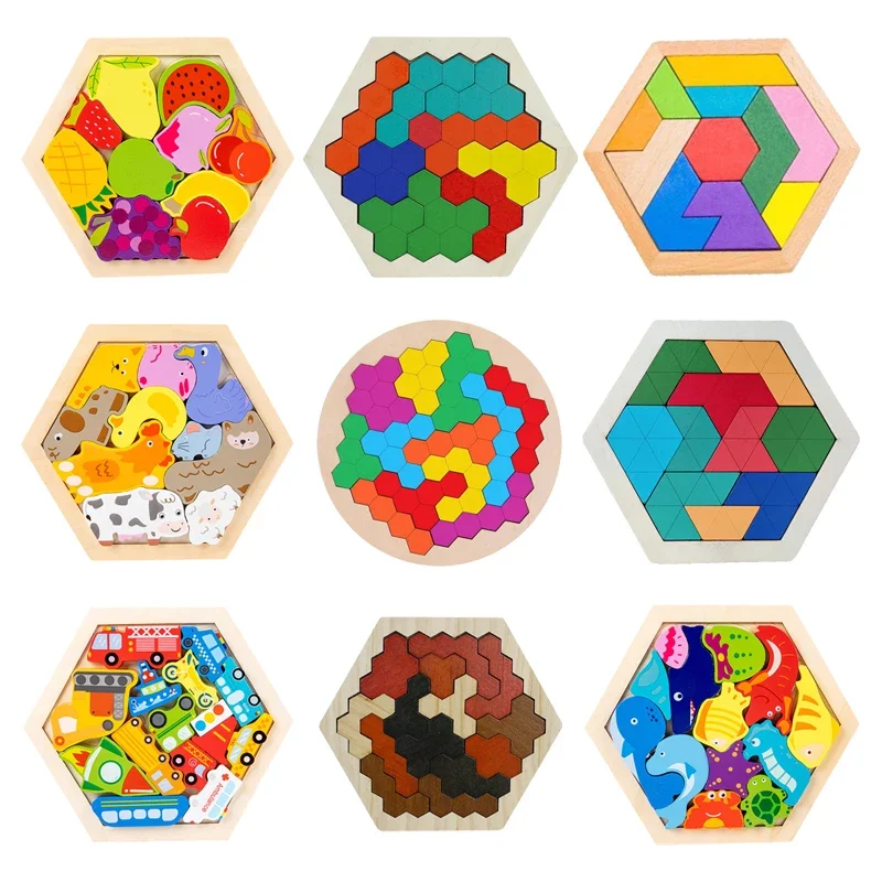 Montessori Wooden Toys 3D Jigsaw Puzzle Tangram Math Toys Baby Hand Grasp Board Shape Match Puzzle Educational Toys for Kids