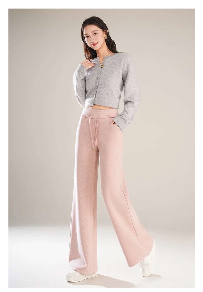White 2025 Woolen Wide Leg Pants Women's Autumn Winter Thickened Yoga Sports Pants Seamless Drawstring Thermal Sweatpants