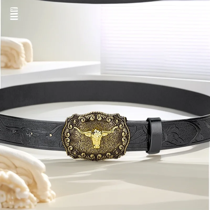 Belt men's and women's new social western denim buckle durable fried street american high-end outer pants belt