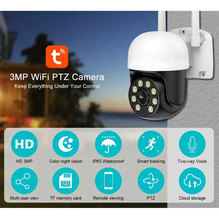 Tuya 3MP PTZ Wifi Camera Outdoor Video Surveillance Cameras With Wifi Security IP Camera For Smart Home