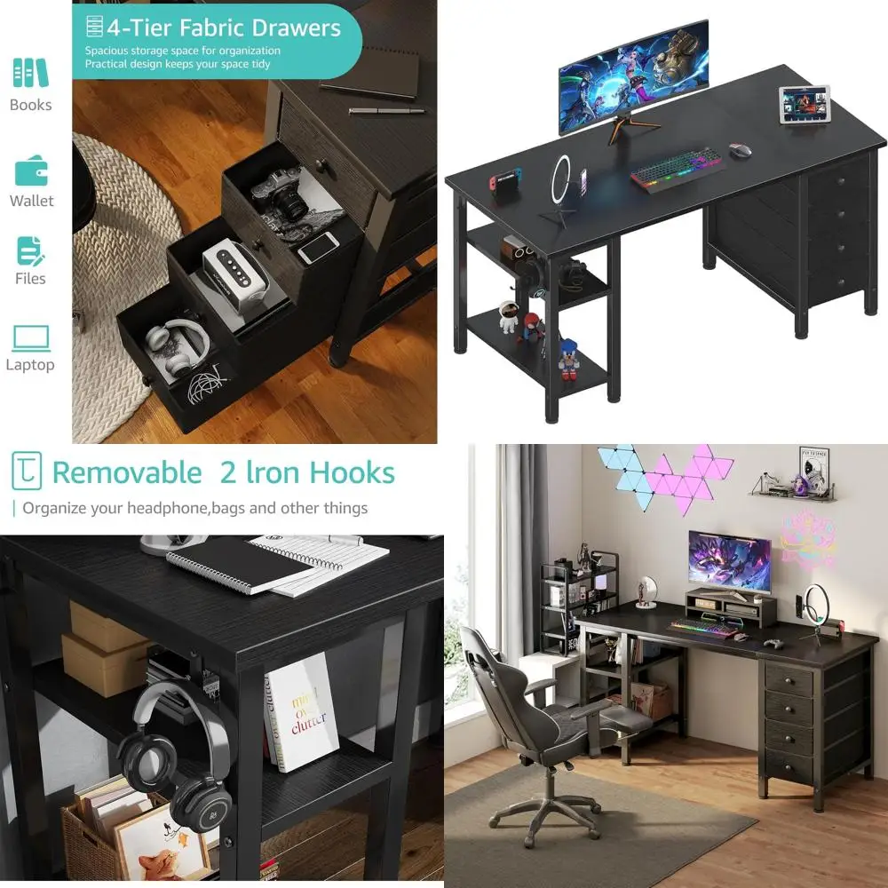 47 Mesa de jogos moderna com gaveta de tecido com prateleiras de armazenamento, mesa de estudo para escritório doméstico para PC, preta